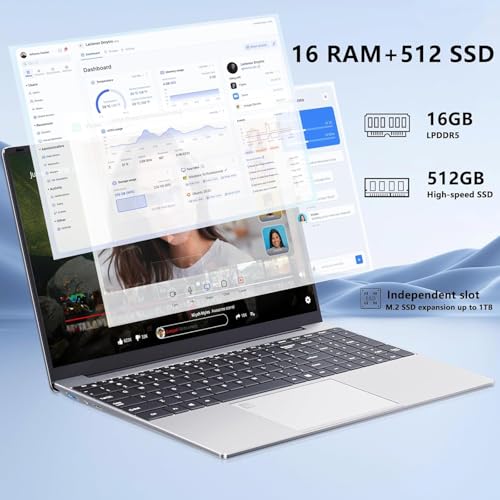 Image of 15.6 Inch Laptop, Gaming Laptop N95 Processor(Up to 3.4GHz) 1920X1080 FHD IPS Screen, laptops Computer 16GB DDR4 512GB SSD 180Open Angle Fingerprint Unlock Backlit Keyboard WiFi for Business Student