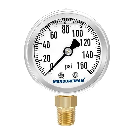 MEASUREMAN 2" Dial Size, Glycerin Filled Plumbing Pressure Gauge, 0-160psi, Black Steel Case, 1/4"NPT Lower Mount