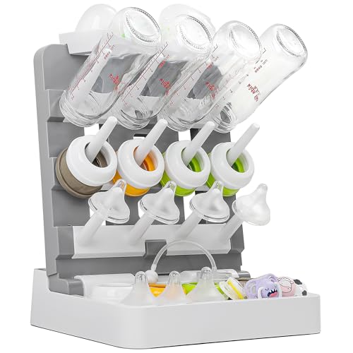 Image of CINWWNI Baby Bottle Drying Rack, Vertical Standing Bottle Drying Rack Holder-Space Saving Baby Bottle Organizer for Countertop-Holds Up to 12 Baby Bottles & Pump Parts (White & Dark Gray)