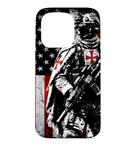Modern Knight Templar American Flag Soldier Crusader Case for iPhone 15 Pro