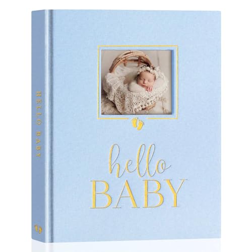 Image of Lanpn Hello Baby Memory Book, Newborn First 5 Year Keepsake with DIY Window, Linen Baby Book Memories Journal Scrapbook Photo Book, Baby Milestone Album for Boy Girl New Parents (Blue, 154 Pages)