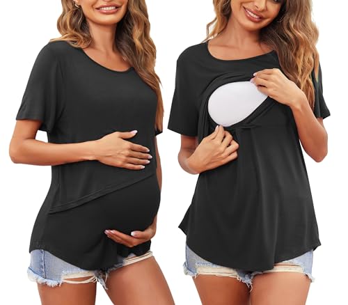 Ekouaer Women Short Sleeve Nursing Shirts Soft Maternity Tops Double Layer Breastfeeding Blouse...