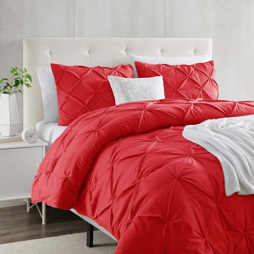 Red Duvet Cover Queen Size 3 Piece Pintuck Comforter Cover - 1 Duvet Cover 90x90 Button Closure with 2 Pillow Shams - Ultra Soft Microfiber Bedding Pinch Pleated Queen Duvet Cover Set by Clara Clark - Image 2
