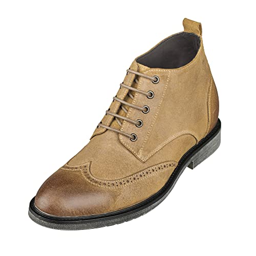 Image of CALTO Men's Invisible Height Increasing Elevator Shoes - Light Brown Premium Leather Lace-up Lightweight Wing-tip Work Boots - 3 Inches Taller - S3652 - Size 6 D(M) US