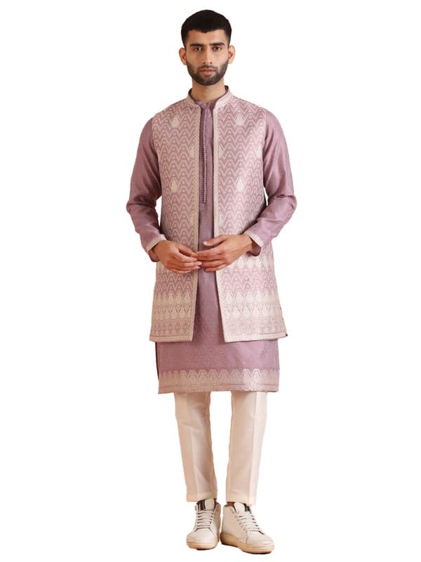 Kisah Men's Kurta Jacket Trouser Set, Mauve Jacquard, Woven Design Regular Fit Mandarin Collar Long Sleeves (42)