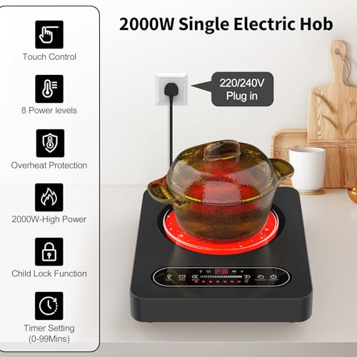 VBGK Glaskeramikkochfeld, 220V 2000W Elektrische Kochplatte mit LED-Touch-Steuerung, 10 Leistungsstufen, Timer, Sicherheitsschloss, Tragbares Kochfeld, Cerankochfeld 1 Platte