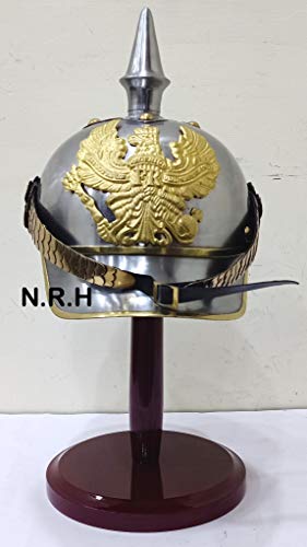 Halloween German Pickelhaube Military Helmet |Steel Imperial Prussian Officer Spiked | WWI & WWII Helmets with Wooden Stand Silver Finish