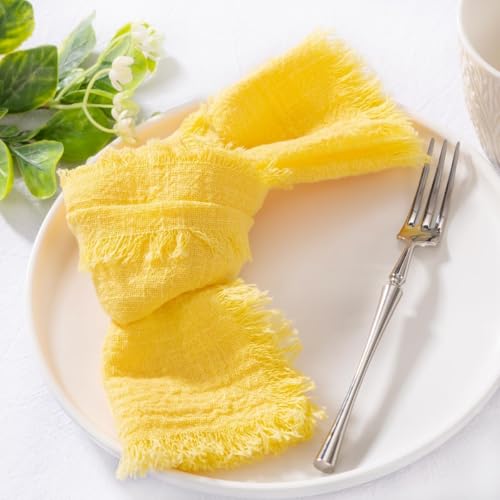 Image of MLMC 10 Pack Yellow Cloth Napkins with Fringe Boho Linen Napkins Washable Reusable Rustic Dinner Table Decor 17 inchx17 inch for Wedding Party Bridal Baby Shower Home Decor