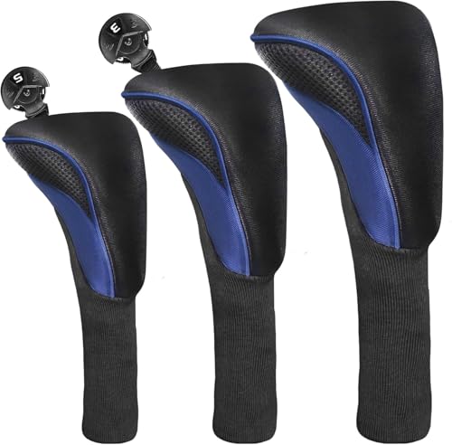 Housses de club de golf bleu noir (lot de 3) pour driver, bois de parcours et hybride avec numéros