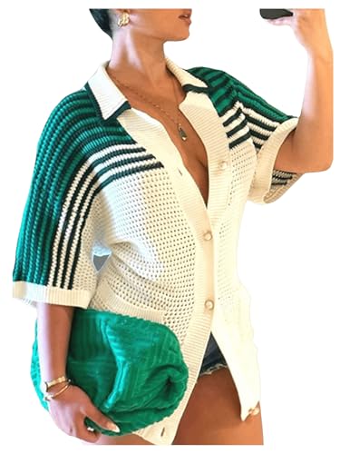 MakeMeChic Women's Striped Crochet Cardigan Sweater Tops Summer Short Sleeve Hollow Out Sweater Multicolor Small