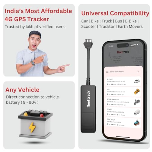 Image of Fleettrack 4G Lite GPS Tracking Device with 1 Year Free App - Wired Tracker for Car, Bike, Scooty, Truck, Bus | Real-Time Location, Engine Alerts, Geo-Fence, Driving Reports, 15+ Features