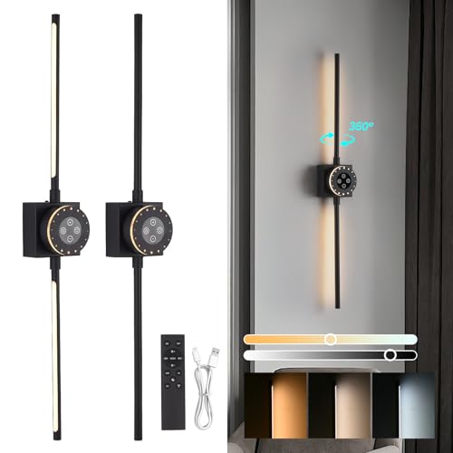 Image of 31.5 Inch Battery Operated Wall Sconce Set of 2, 8000mAh Dimmable Modern LED Wall Sconce, 360Rotate Rechargeable 3000K-6000K Wall Lights with Remote Control for Living Room, Hallway, Bedroom