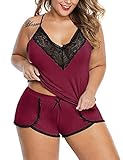 XAKALAKA Women Plus Size Pajamas Cami Shorts Set Nightwear Sexy Lace Lingerie Sleepwear Wine XXXL