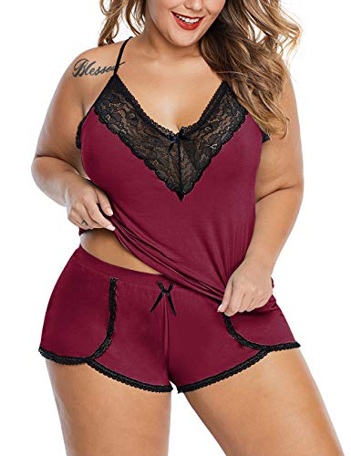 Image of Women Plus Size Pajamas Cami Shorts Set Nightwear Sexy Lace Lingerie Sleepwear