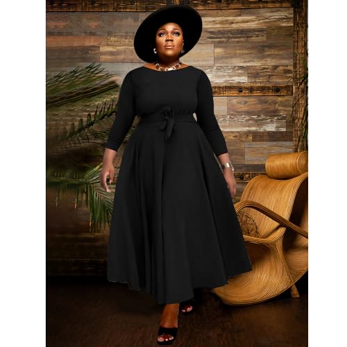 Image of BFFBABY Women's Wrap V Neck Plus Size Maxi Dresses 3 /4 Sleeves Chain Floral Printed Swing Dress with Belt