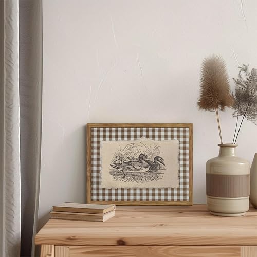 Image of Vintage Duck Framed Wall Art - Retro Farmhouse Brown Gingham Duck Poster, Rustic Cottagecore Decor Canvas Print, Vintage Wall Decor for Living Room Bedroom Office Nursery 8x10 inch