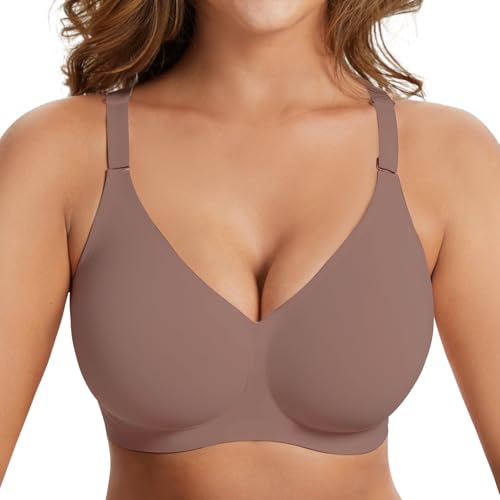 Image of PoseFree Seamless Bras with Support, A Buttery Soft Wireless T-Shirt Bra for All-Day Comfort Coffee M