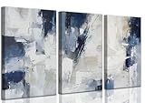 3pcs Navy Blue Abstract Canvas Wall Art Modern Minimalist Neutral Blue White Painting Picture Wall Decor Posters Prints Artworks for Living Room Bedroom Office Home Decoration
