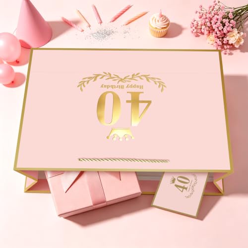 Image of JMANNI Pink Gold 40th Birthday Gift Bag with Card and Tissue Paper, 14.2 inchx9.84 inchx4.3 inch Large Present Bag for Adults, 40 Year Old Birthday Keepsake Party Supplies