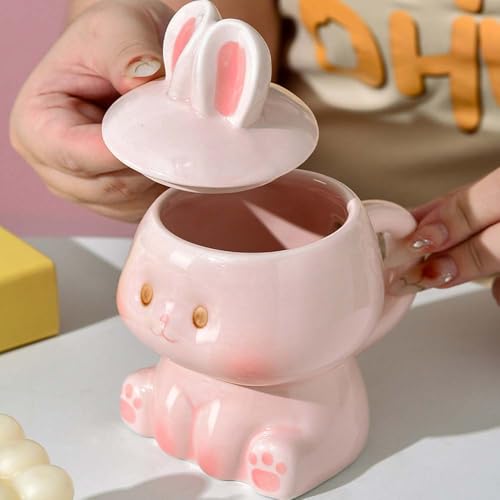 ZONSUSE Süße Hase Tasse,Tasse Lustige Form,3D Tasse mit Kaninchen,Hase Becher mit Deckel und Löffel,Personalisierte Geschenke für Familie… – Ansicht 2