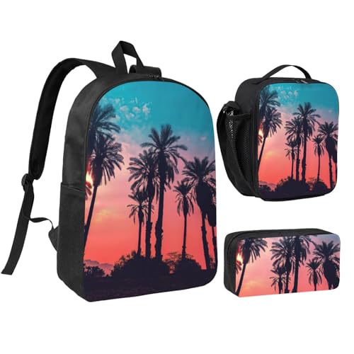 Sac à dos d'école palmier avec kit lunch box et trousse scolaire pour collège et école primaire