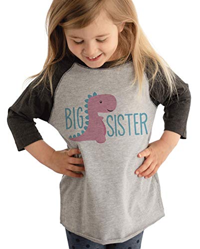 7 ate 9 Apparel Girl's Dinosaur Big Sister Grey Baseball Shirt T-Shirt