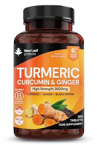 Turmeric Tablets 2600mg High Strength with Black Pepper & Ginger (6 Months Supply) Active 95% Turmeric Curcumin Supplements 365 Tablets Not Capsules, Vegan, UK Made by New Leaf