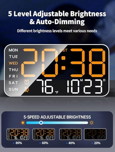 Image of EASEPRES Digital Wall Clock 9 inch LED Large Display, Electronic Wall Mounted & Desk Clock, Day Date Temperature Dual Alarm, 5-Level Adjustable Brightness, USB Powered for Bedroom Office Home (Orange)