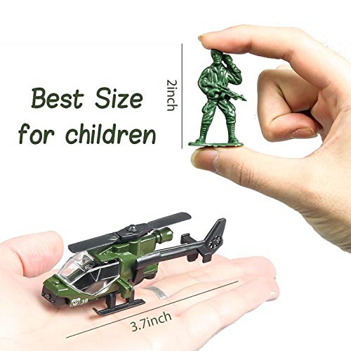 18 Pack Die-cast Military Vehicles Sets,6 Pack Assorted Alloy Metal Army Models Car Toys and 12 Pack Soldier Army Men, Mini Army Toy Tank,Panzer,Anti-Air Vehicle,Helicopter Playset for Kids Boys