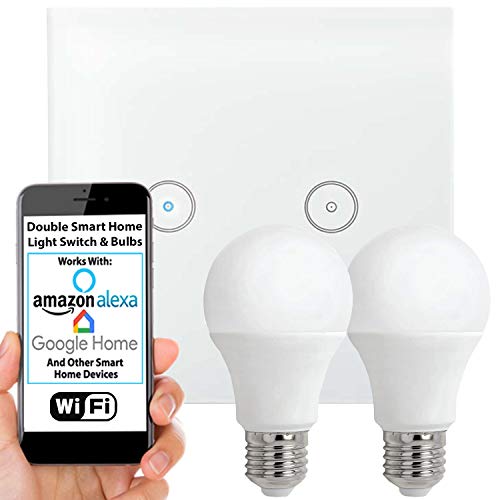 SMART HOME WiFi Light Switch & Bulb Kit | 2x 10W LED E27 Edison Warm White Lamp & Double Wireless Wall Outlet Face Plate & Remote Control Timer | White Gloss Glass Touch | Echo Alexa Voice Control