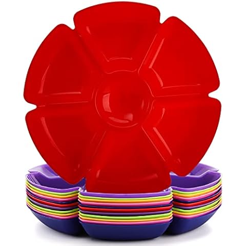 AVLA 12 Pcs Plastic Snack Serving Tray, 12 Inch Unbreakable Chip and Dip Divided Serving Plates, Round 7 Compartments Multifunctional Food Platter for Snack, Nuts, Candy, Dried Fruit, Veggies Cover