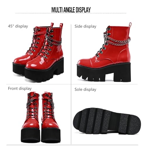 Women's Patent Leather Chain Platform Block Heel Goth Ankle Boots with Side Zipper Fashion Comfortable Round Toe Chunky High Heel Lace Up Combat Boots Y2K Punk Motorcycle Booties 5