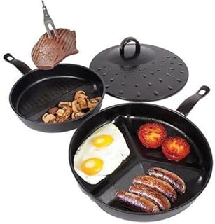 3 in 1 Multi Section Divider Non-Stick Frying Pan Set Healthy Sectional Skillet Breakfast Skillet Divided & Lid with Multi Sections Griddle
