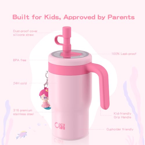 Image of OISIZ 14oz Kids Tumbler with Straw Lid & Handle,Kids Cup with Animal Accessory for School,Kids Water Bottles with Dust-proof Cover,Leakproof Water Bottles,316 Stainless Steel,Keep Cold 24 Hours-pink