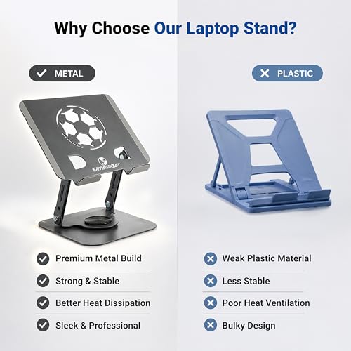 Image of Aluminum Laptop Stand for Desk - 360 Rotating Swivel Base, Height Adjustable Ergonomic Riser - Foldable & Portable Notebook Holder Compatible with MacBook, HP, Dell, Lenovo