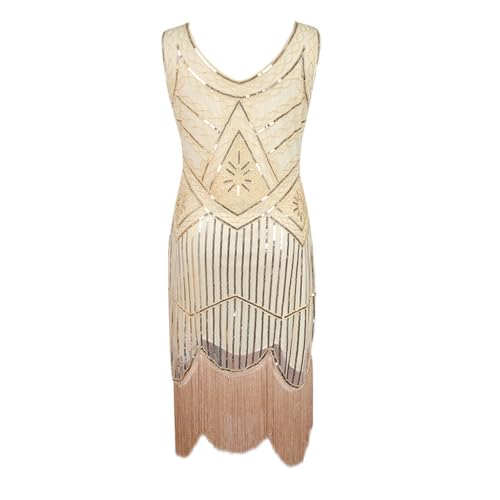Vestido de fiesta 2026 elegante con flecos de lentejuelas con detalles de cuentas para fiesta, cóctel, ocasión formal, vestido brillante de longitud media, beige, XL
