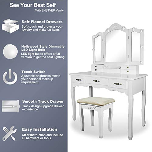 Enstver Vanity Beauty Station,Tri-Folding Mirrors,6 Organization 7 Drawers Makeup Dress Table With Cushioned Stool-White #TOP1