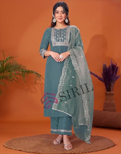 Image of SIRIL Women's Cotton Blend Sequence Embroidery Straight Kurta Pant with Dupatta Set