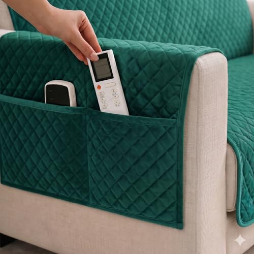 Image of STITCHNEST 'Airsoft Range Series' Solid Quilted Velvet Sofa Cover for 3 Seater | Premium Soft Velvet Sofa Protector | Castleton Green Diamond Quilted Design with Armrest Pockets | Furniture Cover