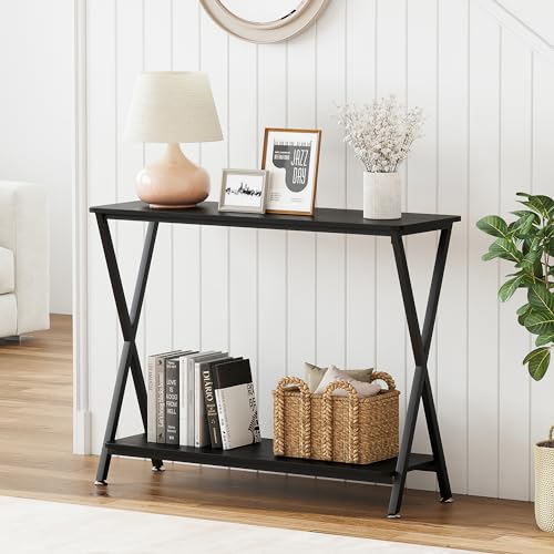 IDEALHOUSE Narrow Console Table, Sofa Tables Narrow Long Behind Couch Table, 2-Tier Industrial Entryway Table for Living Room, Hallway, Foyer (Black)