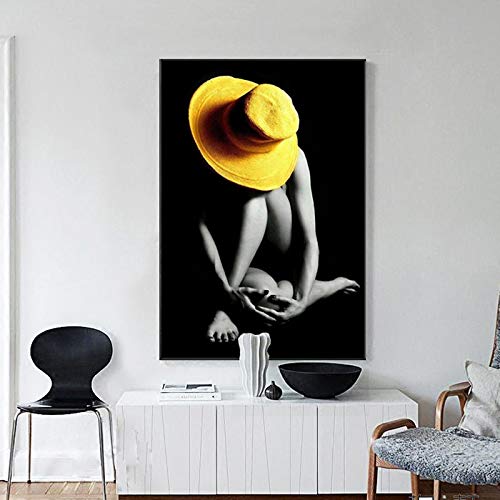 Peinture moderne femme au chapeau jaune pour décoration salon chic