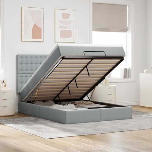 QZZCED Estructura de Cama Otomana con Colchón de Muelles Ensacados, Tela Gris Claro 140x200 cm, Mecanismo de Elevación Hidráulico, Luces LED Ajustables, Cubrecolchón Transpirable,