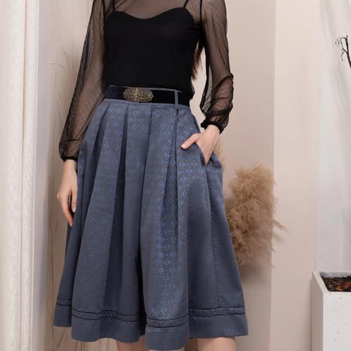 Dirndlparty Trachtenrock Damen Knielang, Trachtenrock Dunkelblau mit Gürtel Paisley Trachten Rock Damen Midi 65CM mit Seitentaschen Dirndl Röcke Oktoberfest Größe 36