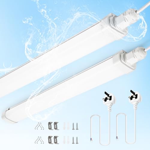 LED Batten Light 4FT with UK Plug, 2-Pack 1.2m in Wall Light Garage Lighting IP65 Waterproof Plug in Ceiling Light for Shed Loft Workshop Office Bedroom Kitchen Tube Strip
