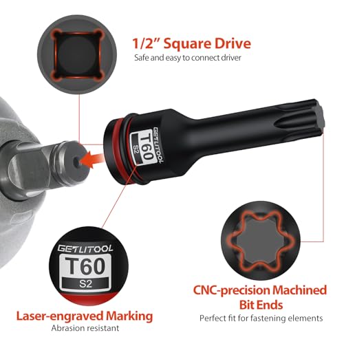 GETLITOOL 10Pcs Impact Torx Bit Socket Set, 1/2\" Drive Metric S2 Steel Star Bit Sockets with Size-marked & Storage Case T25-T80 for Automotive Repair, Mechanical Maintenance - Thumbnail 4