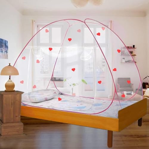 Image of Evafly Mosquito Net for Single Bed with Heart Design | Premium Polyester Mesh | Foldable Pop Up Bed Net | Fine Mesh Protection from Mosquitoes & Insects | Easy Setup, Washable | Red