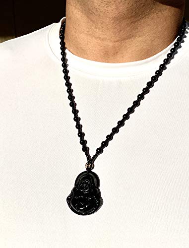 Real Laughing Buddha Black Jade Stabilized Turquoise Bodhisattva Amulet Talisman Pendant 24" Bead Necklace Carved Long Large Boho Chain Genuine Certified Grade A Jadeite Hand Crafted, Jade Medallion 6