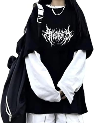 FENXIXIONE Chemise emo harajuku mode y2k streetwear goth alt scène haut à manches longues grunge techwear vêtements alternatifs esthétique (Noir,XL)