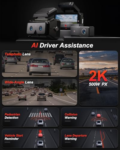 AKEEYO Eyes 2K Dash Cam Front Rear 3 Channel Car Dash Cam Front ADAS BSD AI Driving Assistance Wide Angle and Telephoto Lens Car Dash Cams for Cars