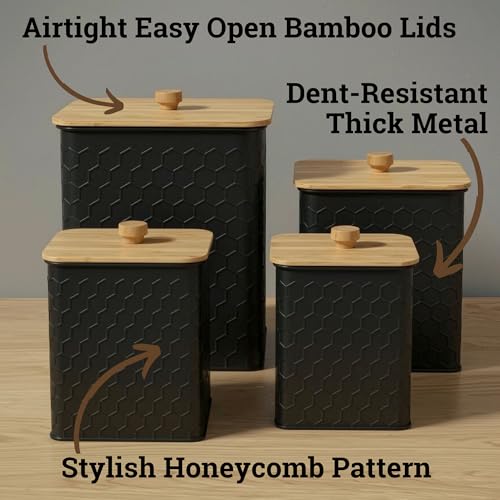 Kitchen Canisters for Countertop Set of 4 - Textured Iron Kitchen Canisters with Airtight Lids - Flour Sugar Canister Set - Flour and Sugar Containers Farmhouse - Coffee Jar for Counter - Black Jar x4 by HB Design Co. - Image 2